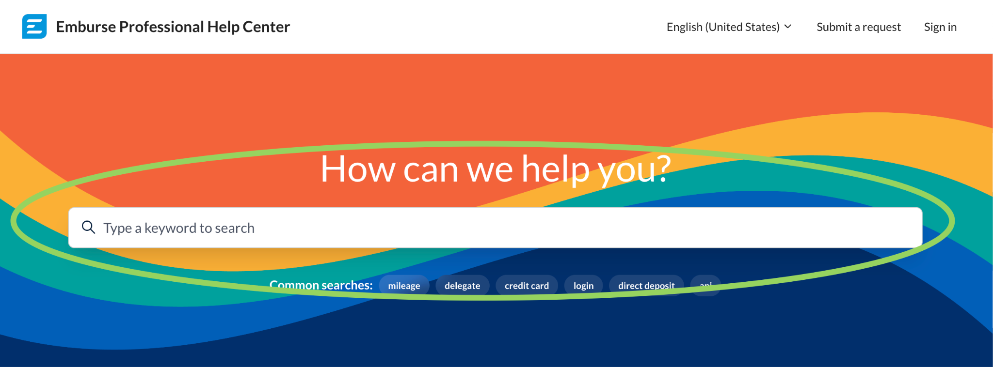 Search bar in the Emburse Professional Help Center