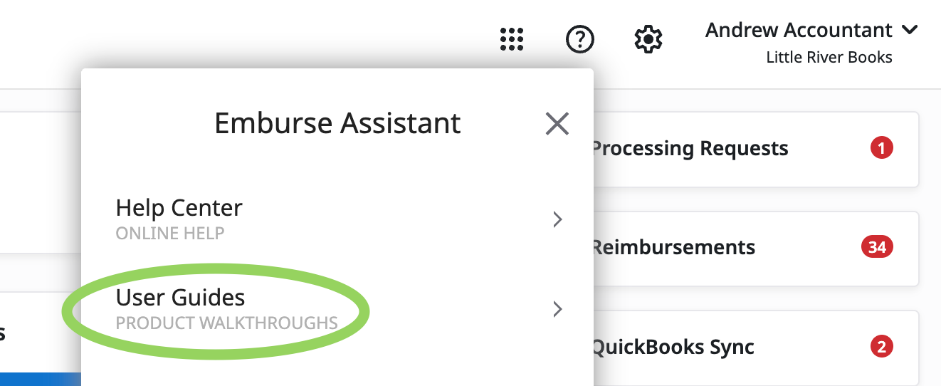 User Guides option in the Emburse Professional help menu