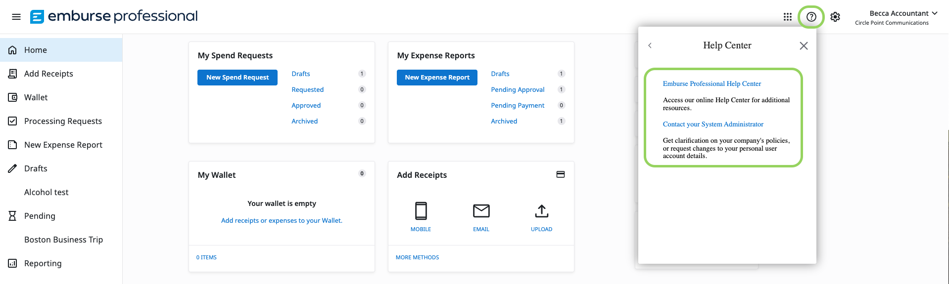 Screenshot of the Emburse Professional homepage that indicates where to get support.