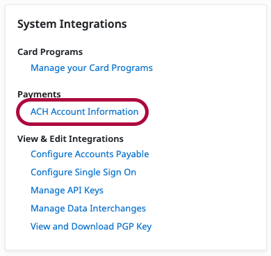 ACH Account Information option under System Integrations