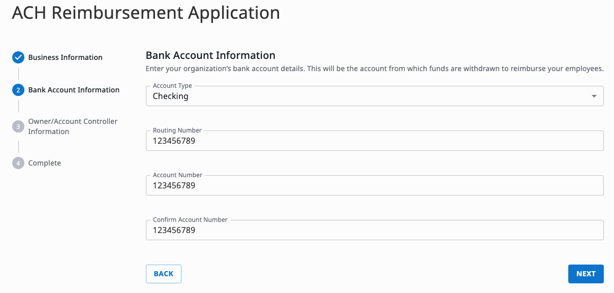 Bank account fields in the CSG Forte application