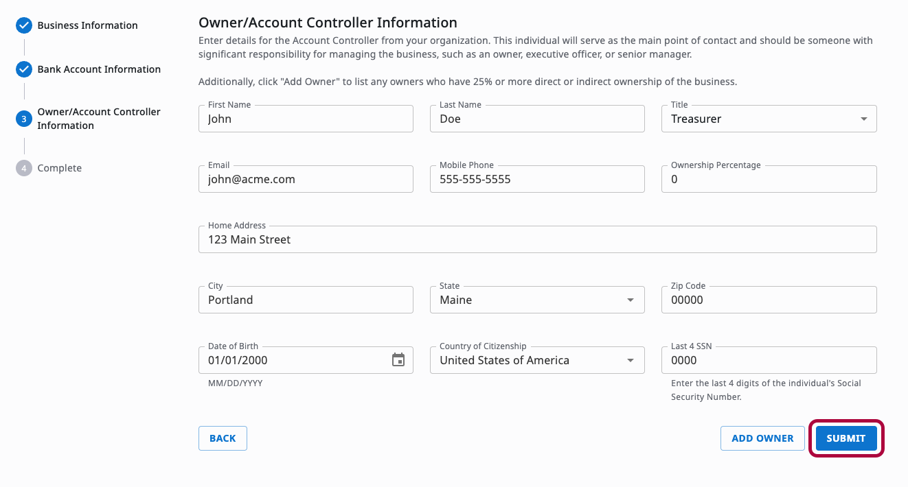 Submit option on the CSG Forte application review page