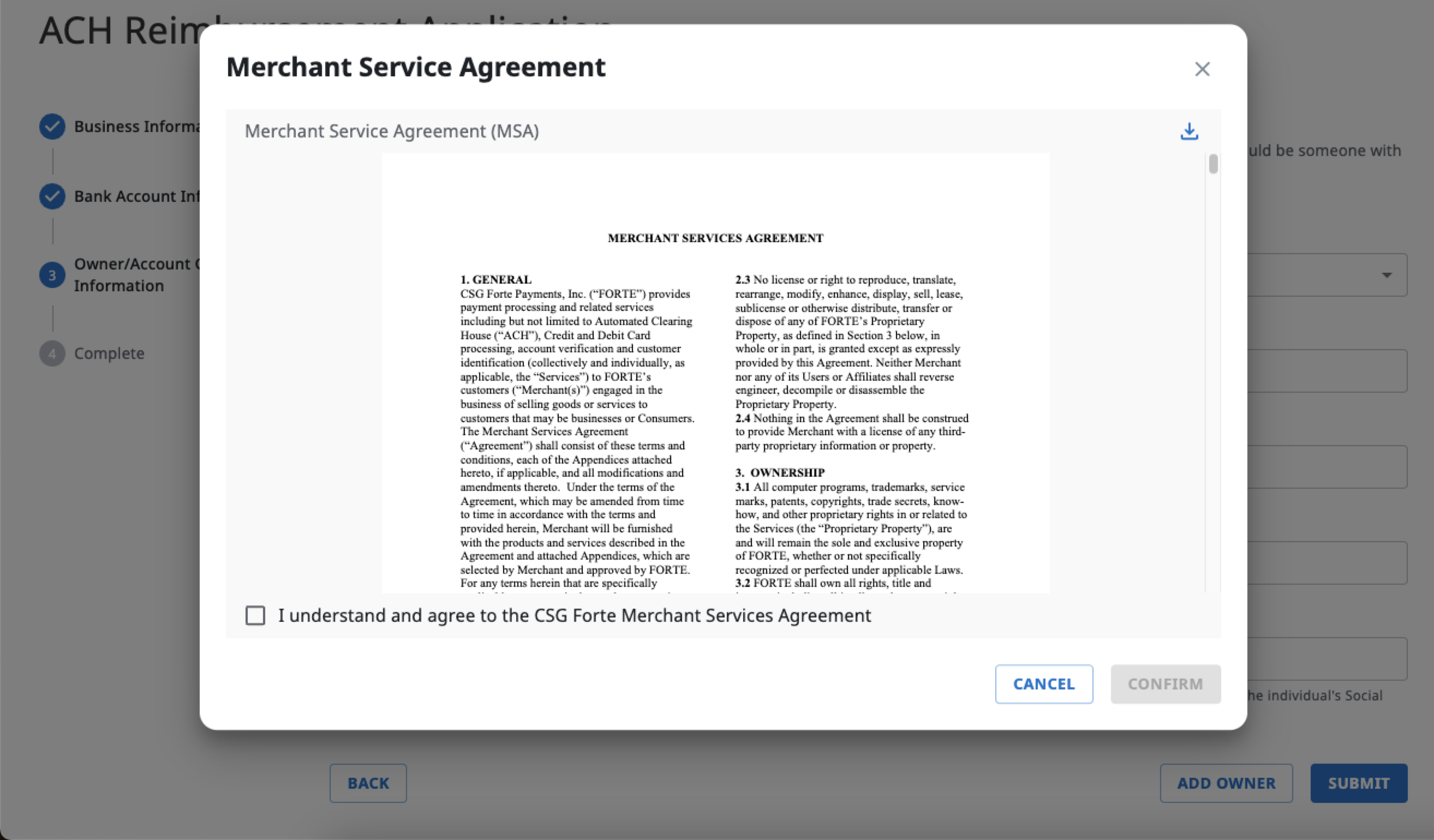 CSG Forte terms and conditions acknowledgment window