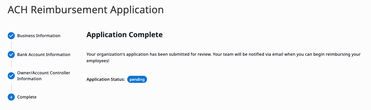 Application status on the ACH Account Information page