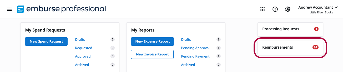 Reimbursements folder on the Treasurer home page
