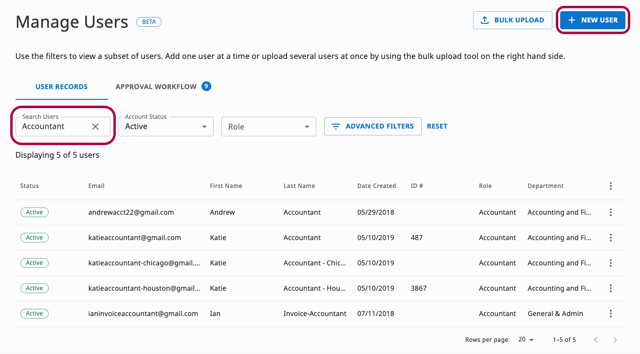 Manage Users page with the user search box and New User option