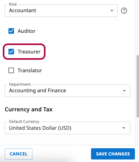 Treasurer checkbox in the User Details permissions section