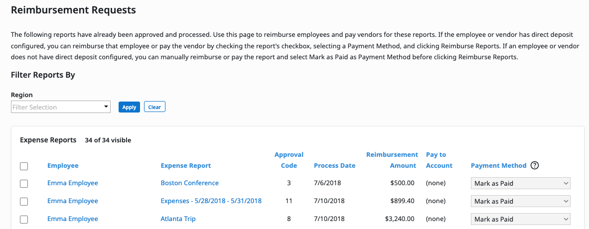 Treasurer queue with reports available for ACH reimbursement