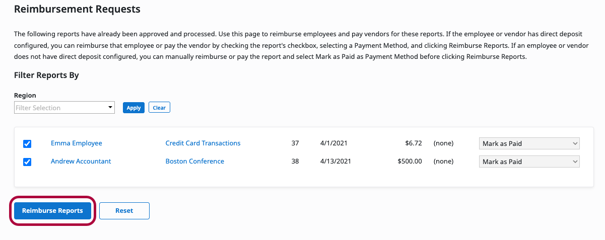 Selected reports and the Reimburse Report button in the Treasurer queue