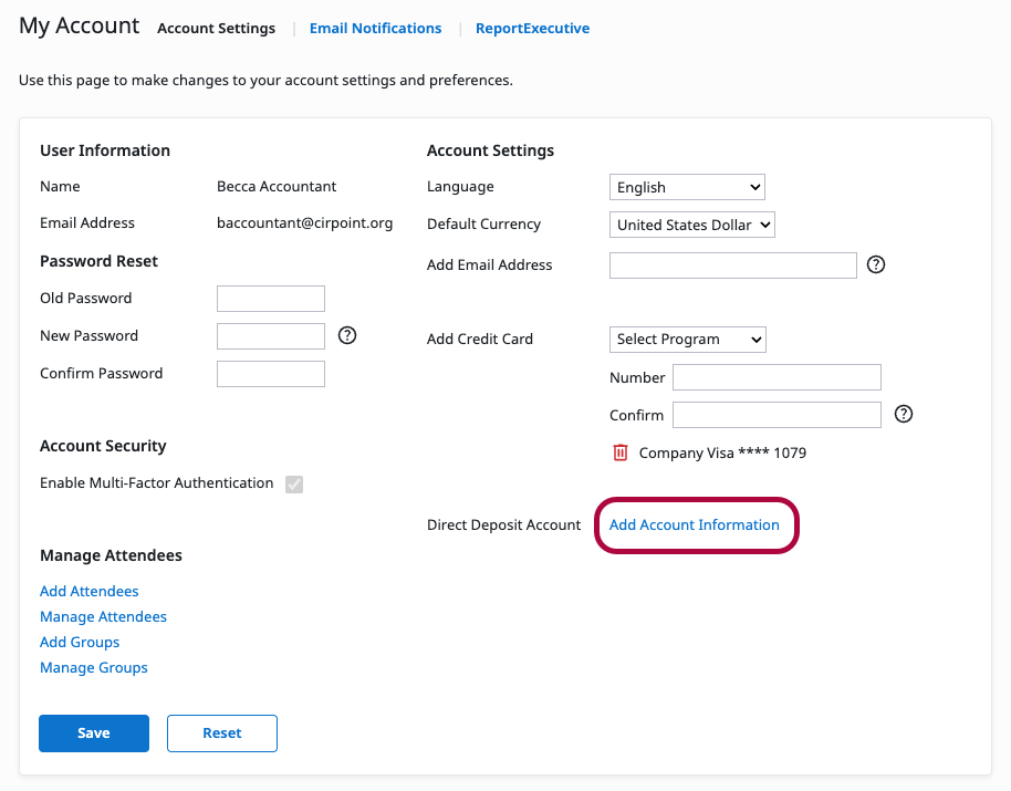 My Account page with Add Account Information next to Direct Deposit Account