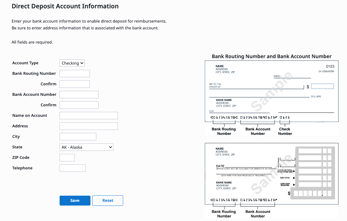 Direct Deposit Account Information page with bank account fields