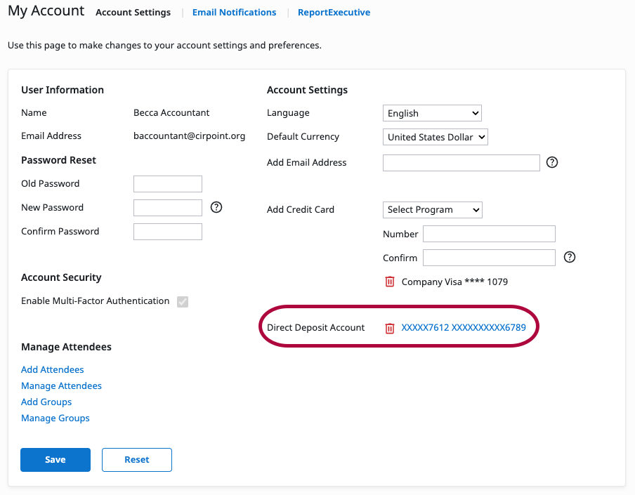 Account Settings page with the direct deposit account link