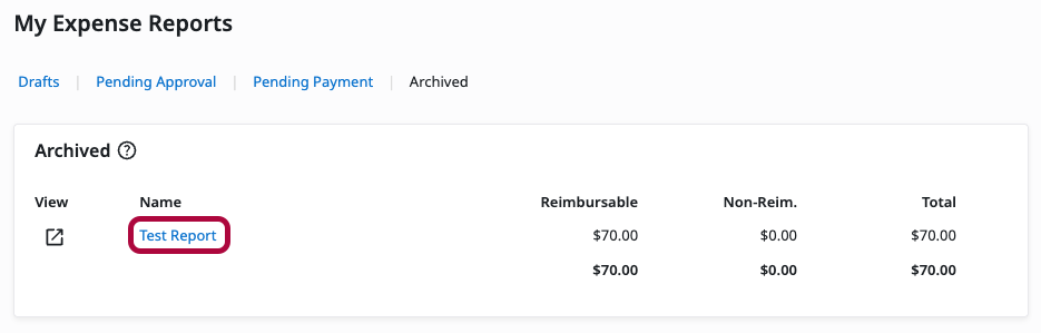 Expense report list with a report selected