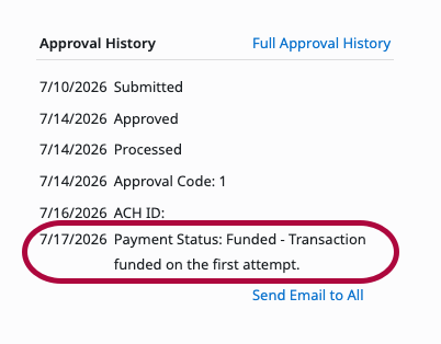 Approval History section showing the current payment status