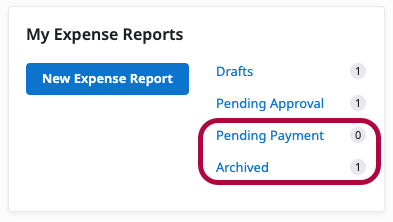 Pending Payment and Archived options on the Emburse Professional home page