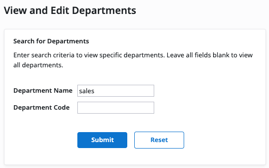 Department search fields and Submit option