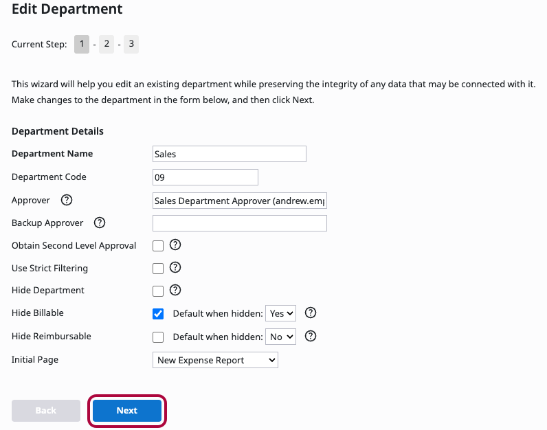 Department record confirmation screen with Next option