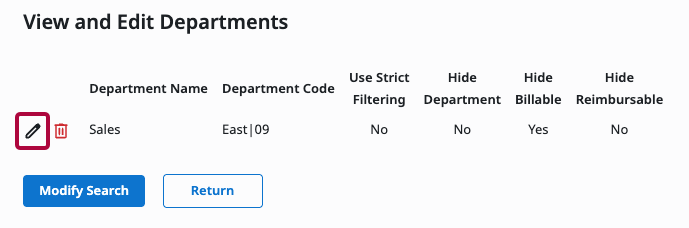 Edit button for a department record