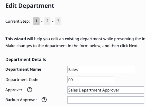 Primary and backup approver fields for a department