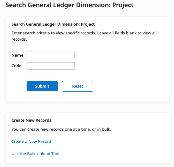 GLD value search fields and Submit option