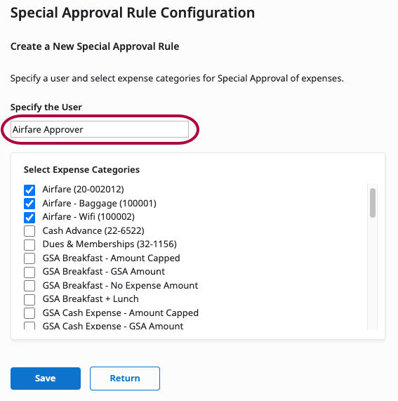 Approver and expense category fields for a special approval rule