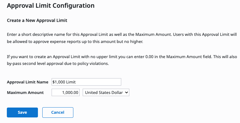Fields for creating and naming an approval limit