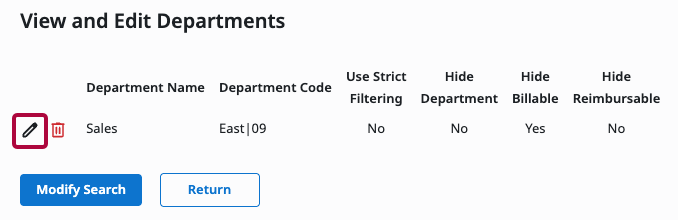 Edit control for a department in the department list