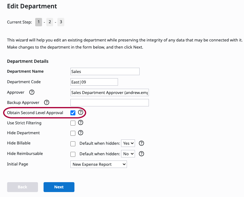Obtain Second Level Approval option in department settings