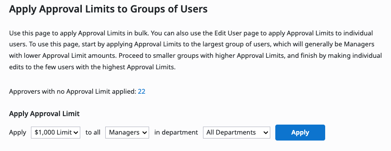 Options for applying an approval limit to users in bulk