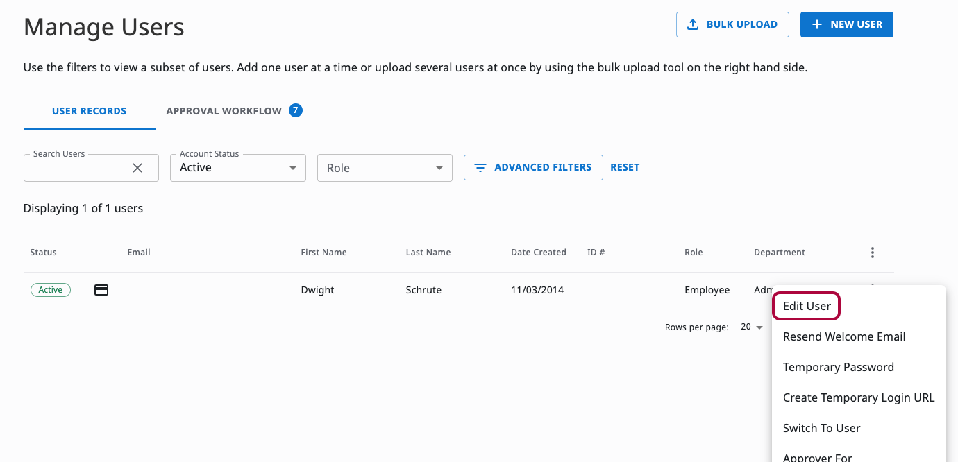 User menu with the Edit User option