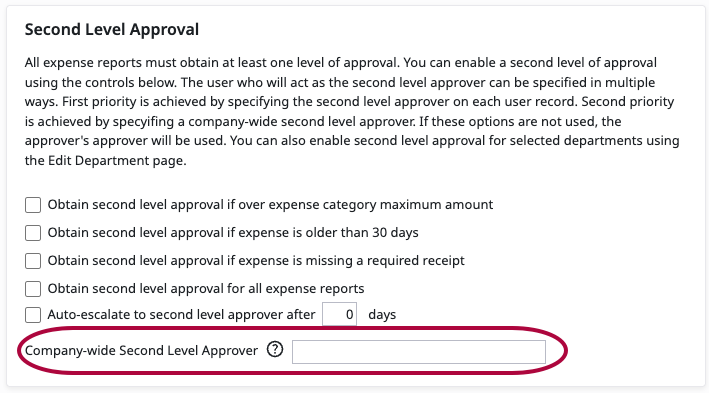 Company-wide second-level approver field