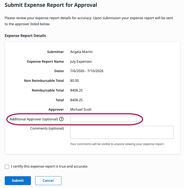 Additional approver option on the expense report submission page