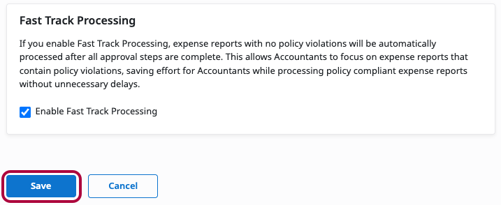 Save option for Fast Track Processing settings