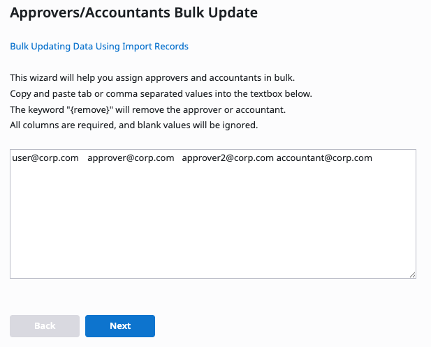 Bulk Update Approvers text box with user and approver values