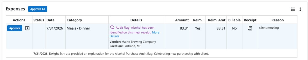 Expense report approval view showing an Emburse Assurance audit flag on a meal expense with a More Details link and submitter explanation.