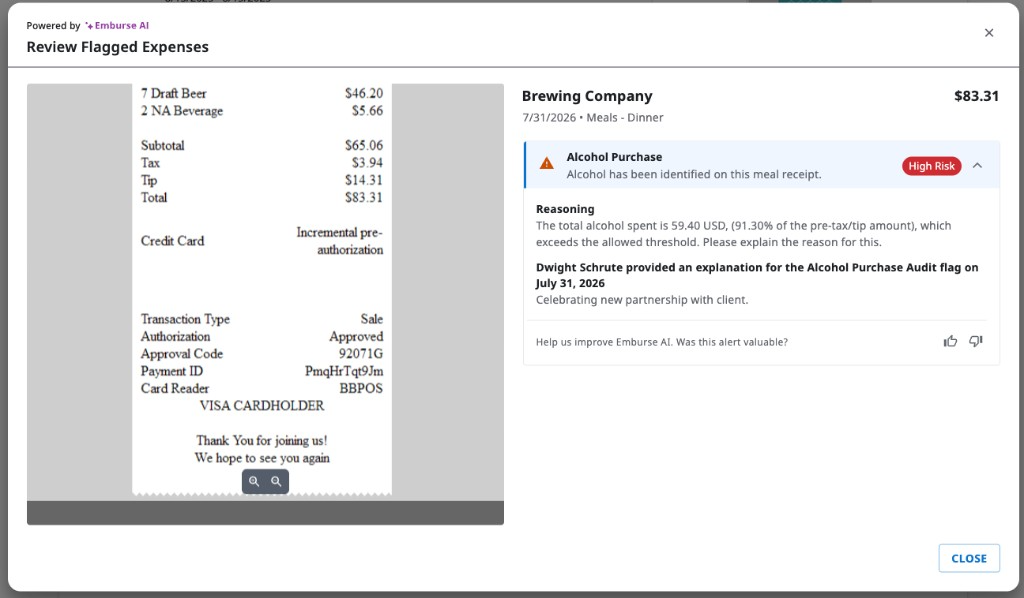 Review Flagged Expenses dialog powered by Emburse AI showing receipt details, a High Risk alcohol purchase alert, enhanced reasoning, and thumbs up and thumbs down feedback.