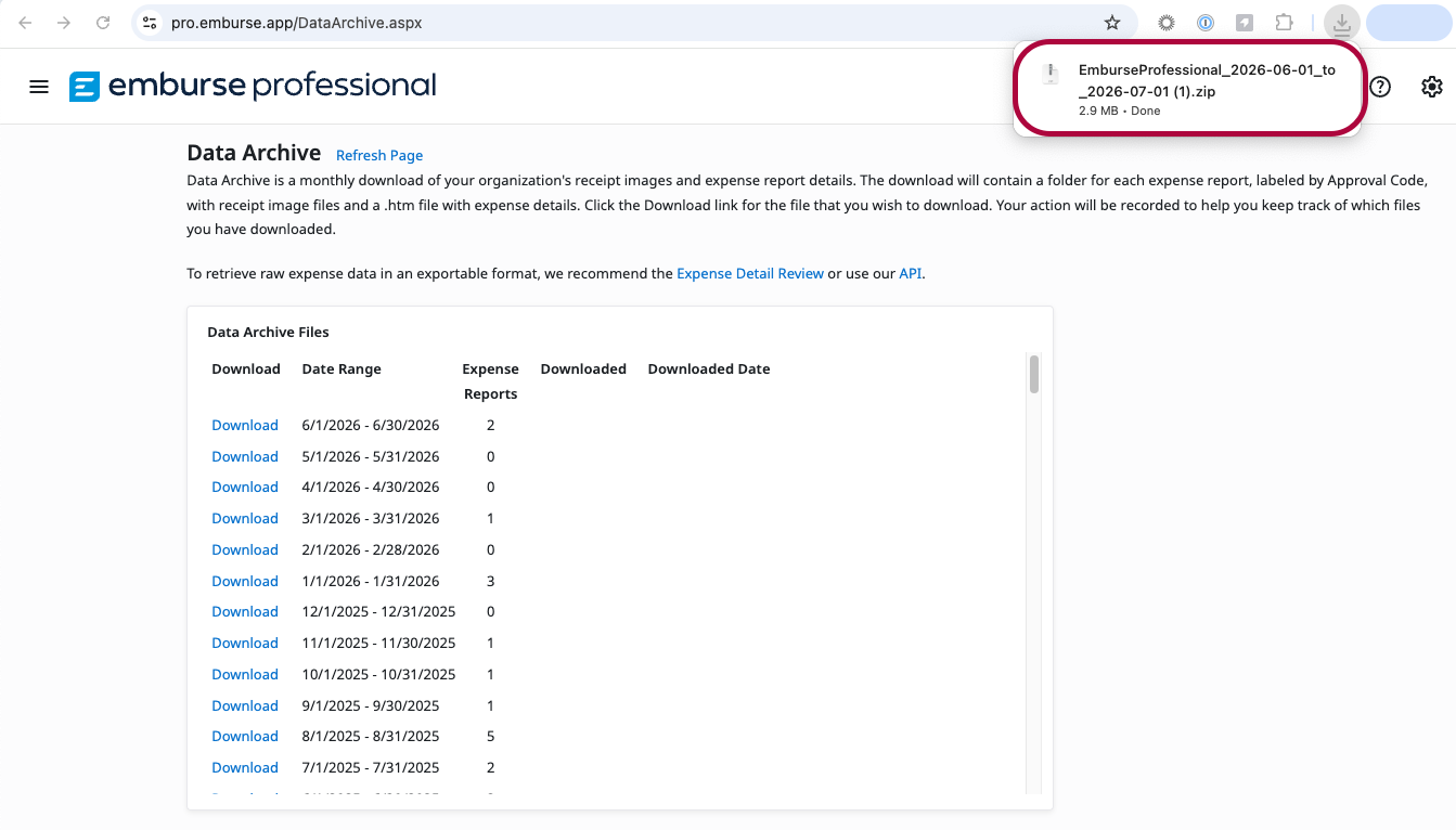 Download option for a monthly archive file