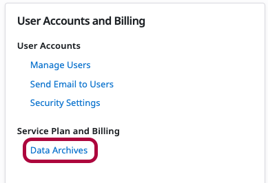 Data Archives option under Service Plan and Billing