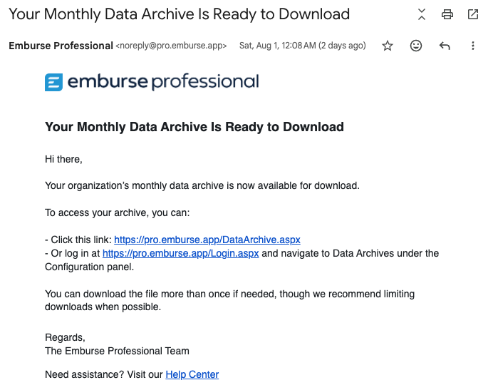 Email notification that a Data Archive file is available