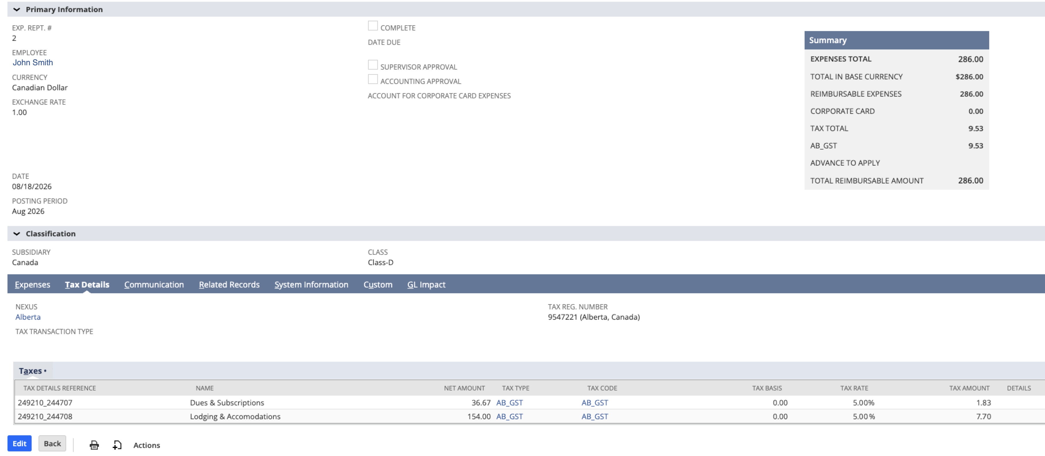 NetSuite expense report with tax detail