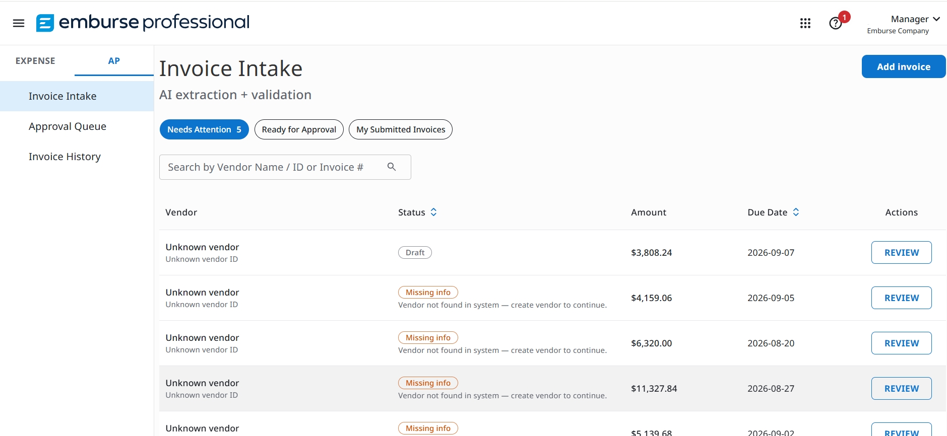 AP workspace with Invoice Intake selected and Needs Attention invoice queue