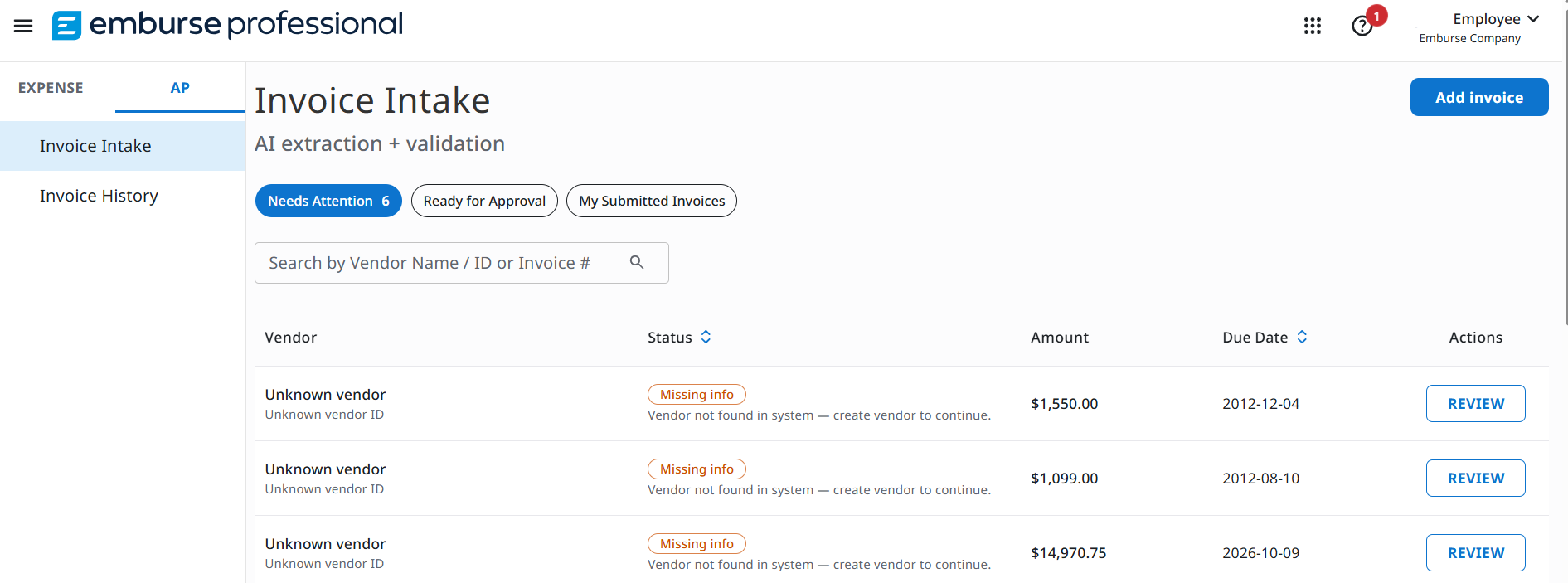 Invoice Intake page with Needs Attention tab showing invoices flagged for missing vendor information