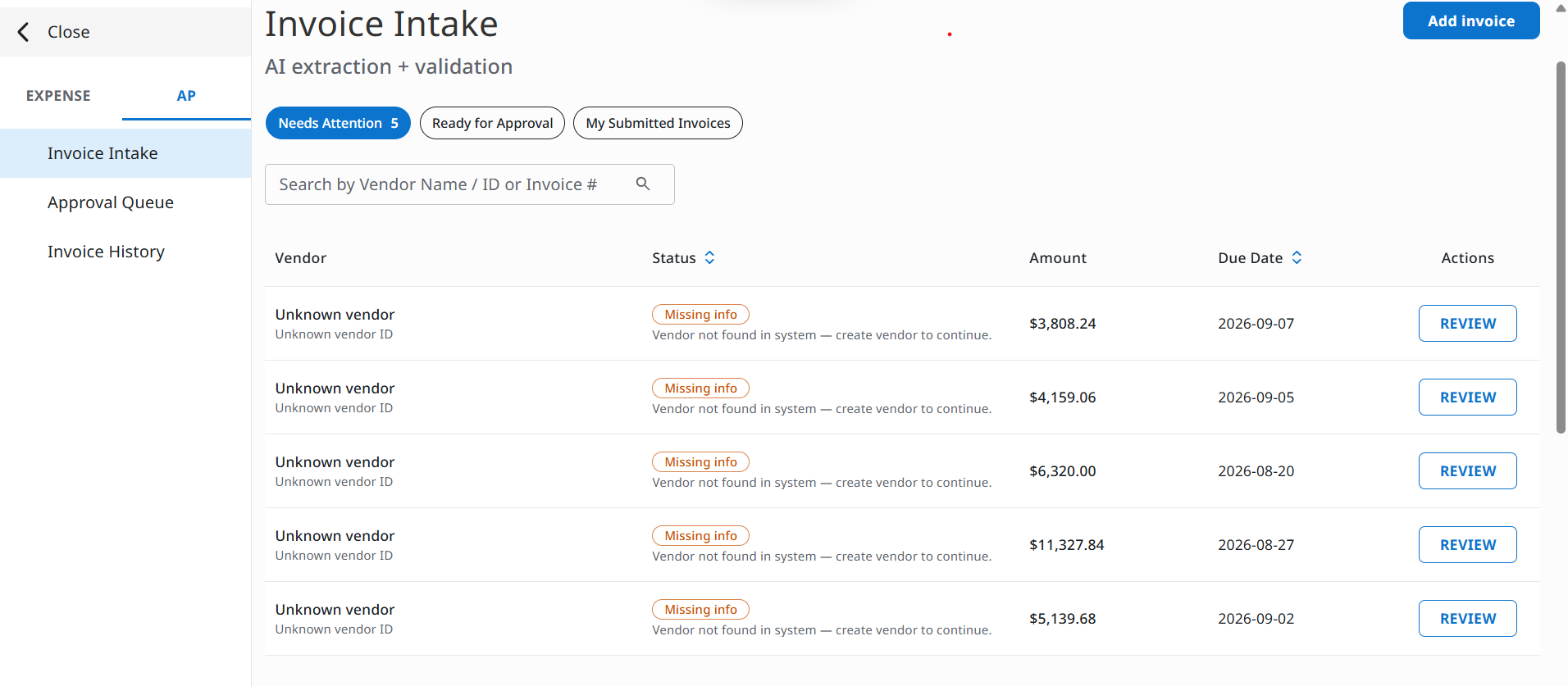 Invoice Intake administrator queue with Needs Attention tab and REVIEW actions for invoices missing vendor data