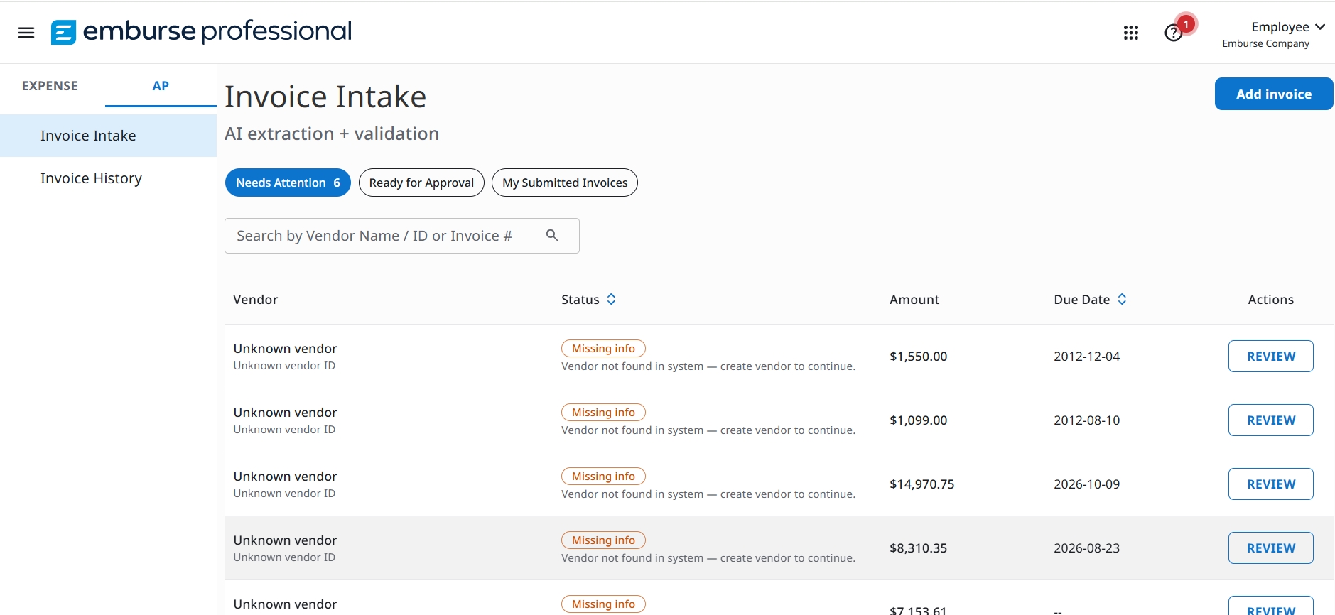 Invoice Intake user view with Needs Attention tab listing submitted invoices and REVIEW actions