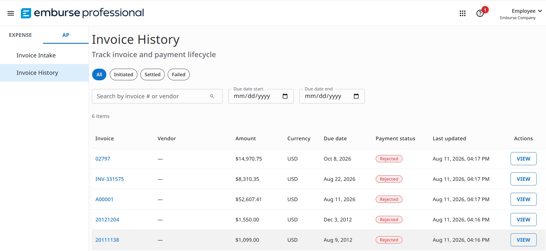 Accounts Payable tab with Invoice History selected in the AP navigation sidebar