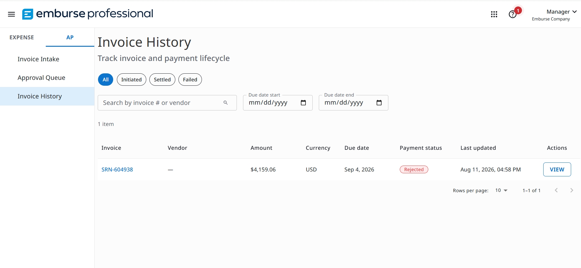 Invoice History page with status filter chips, search field, and organization-wide invoice table