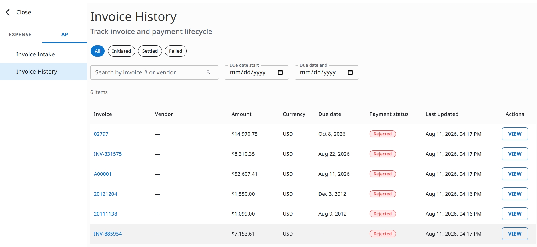 Invoice History page in personal context with All status filter and invoice table with VIEW actions