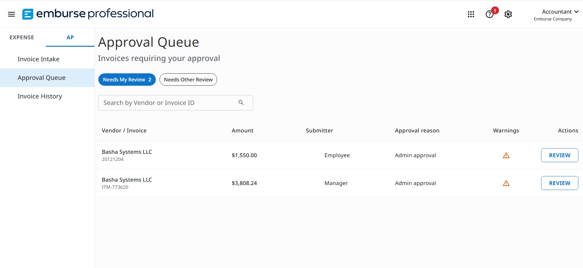 Approval Queue Needs My Review tab with assigned invoices, warning indicators, and REVIEW actions