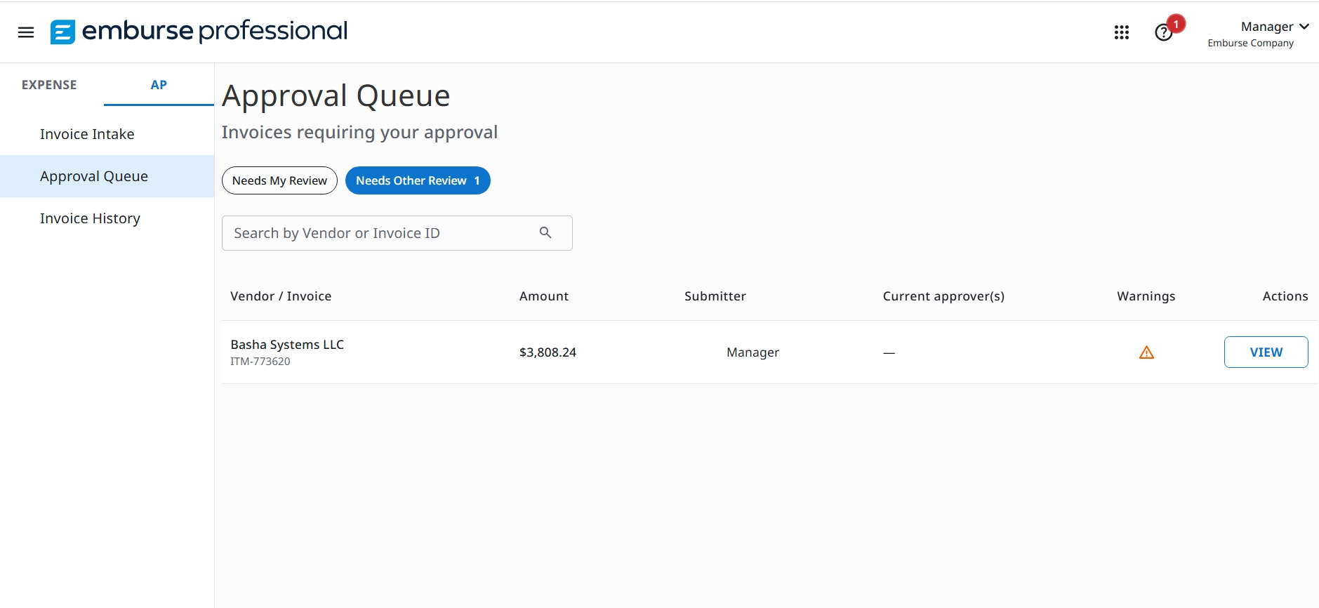Approval Queue Needs Other Review tab with invoices assigned to other approvers and VIEW actions
