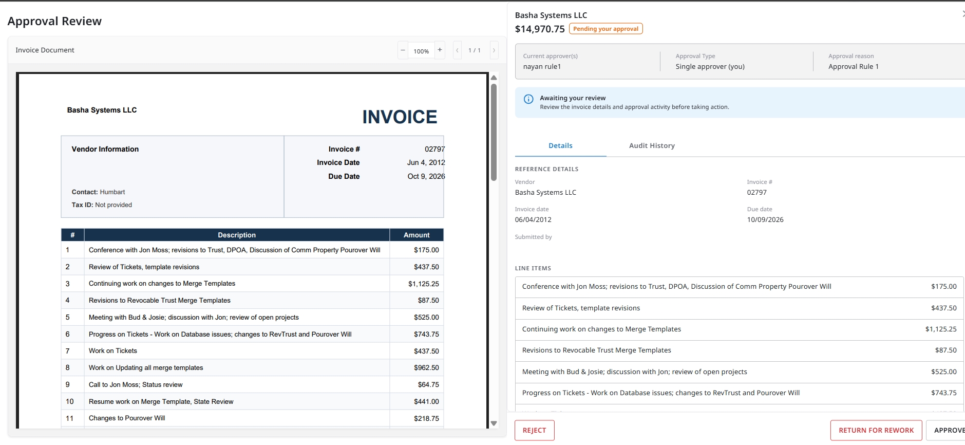 Approval Review panel with Reject, Return for Rework, and Approve actions